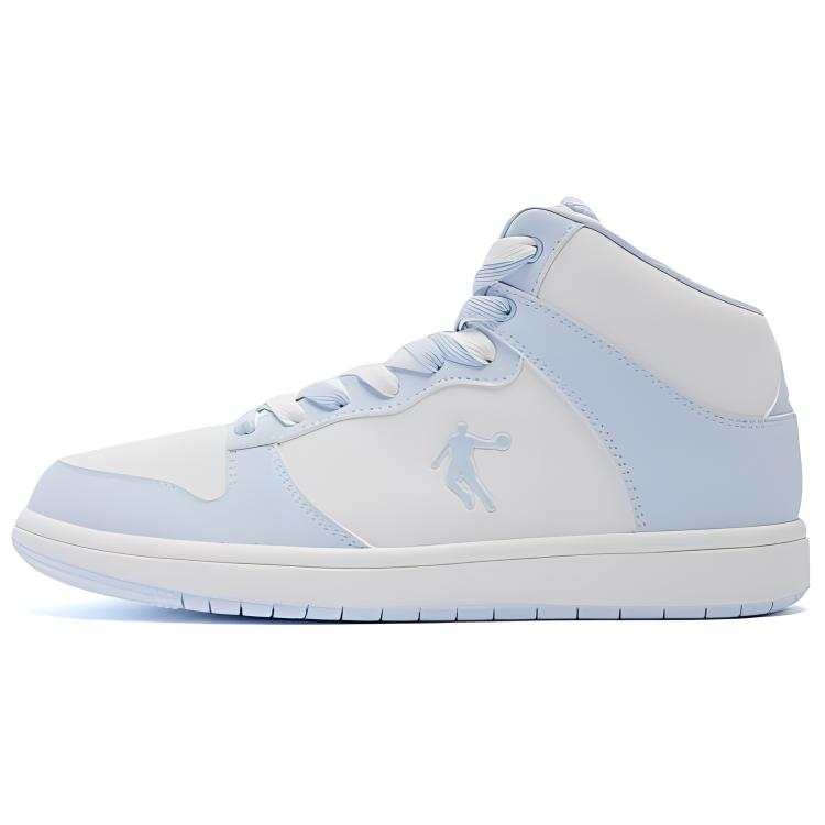 QIAODAN High top Skateboard Shoes Women's White Blue Two Tone Shoelace