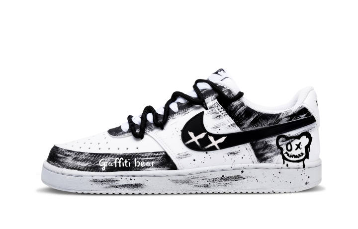 Nike Nike Court Vision 1 Graffiti Bear Abrasion Resistant Abrasion Resistant Low top Skateboard Shoes Unisex Black White