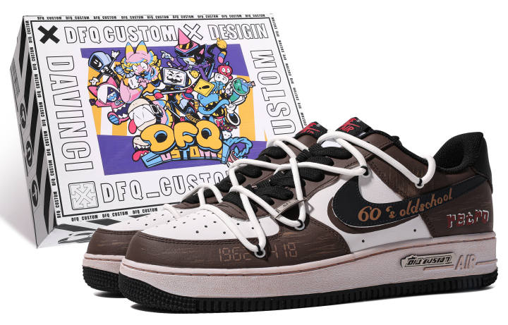 Nike Nike Air Force 1 Low ADCDAVINCI Custom, American 60's Low top Skateboard Shoes Men's Brown White Black