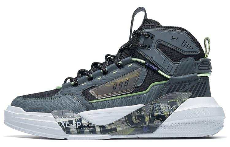 XTEP Raid Textile, Synthetic Leather Slip Resistant Abrasion Resistant High top Skateboard Shoes Men's Black Gray Green
