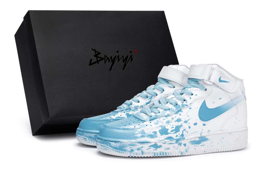 Nike Nike Air Force 1 Coverage Slip Resistant And Abrasion Resistant Mid top Skateboard Shoes Men's White Blue