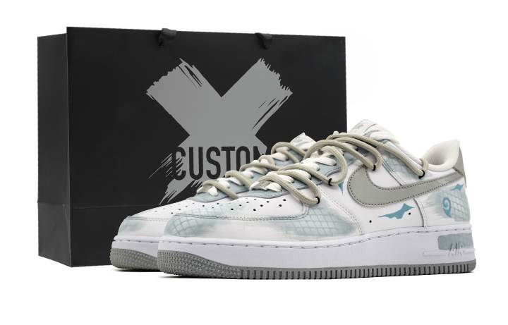 Nike Nike Air Force 1 Slip Resistant Abrasion Resistant Low top Skateboard Shoes Men's White Blue Gray