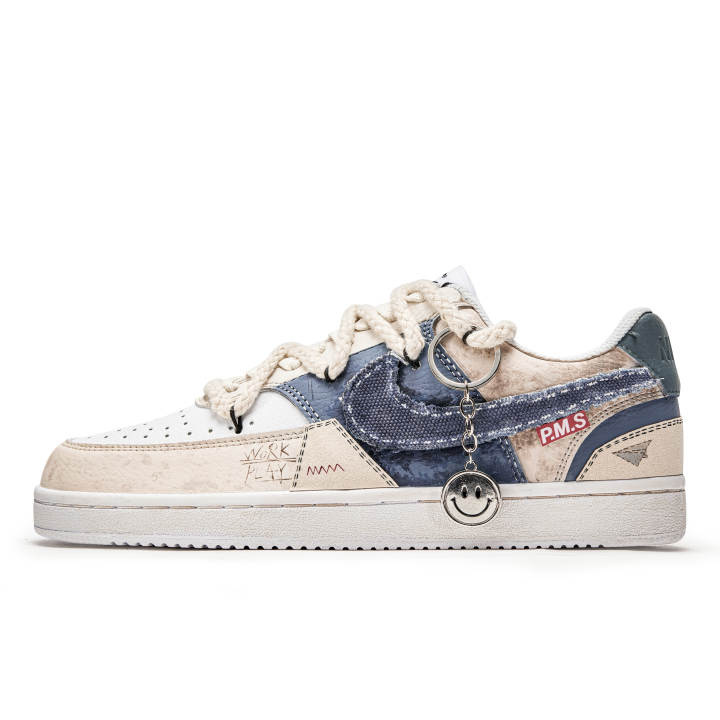 Nike Nike Court Vision 1 Synthetic Leather Slip Resistant Cushioning Low top Skateboard Shoes Men's Beige White Blue