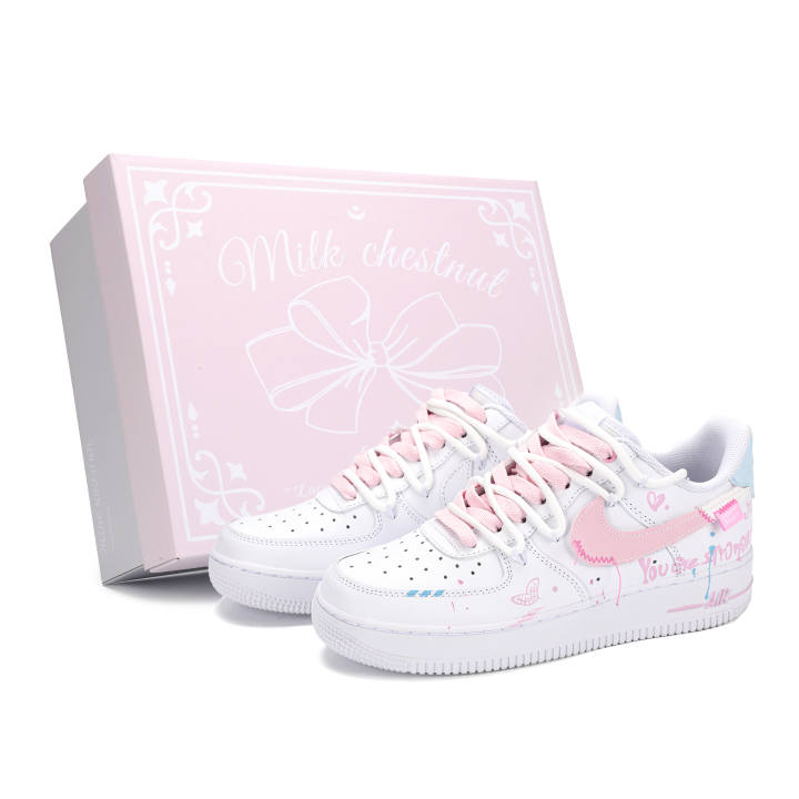Nike Nike Air Force 1 Pink Mist Elf Abrasion Resistant Low top Skateboard Shoes Unisex White Blue Pink