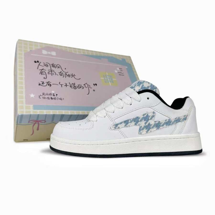 BKAE Slip Resistant, Abrasion Resistant, Lightweight Low top Skateboard Shoes Unisex Houndstooth White Blue