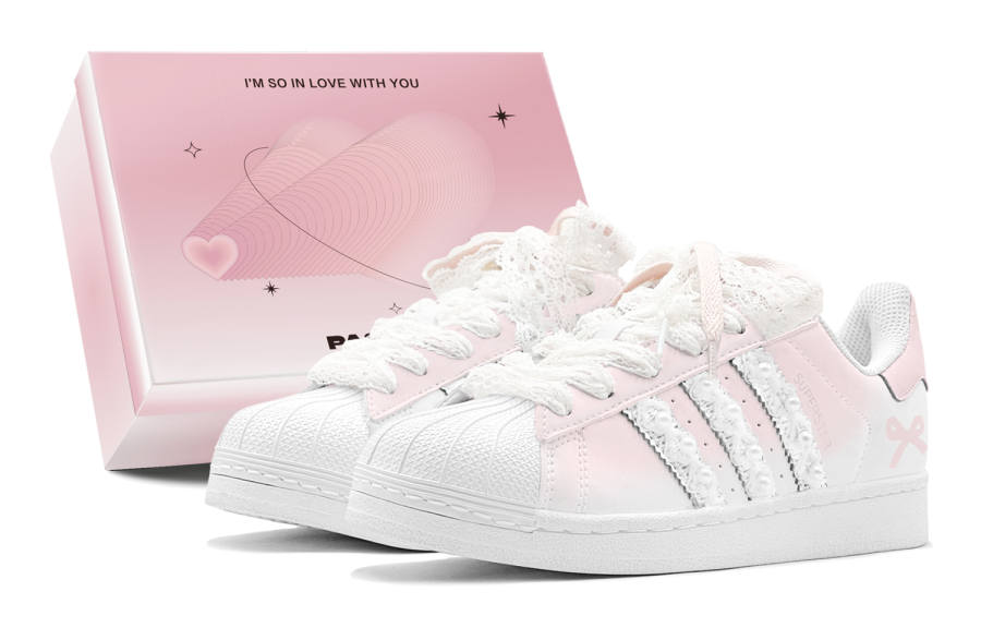 Adidas Originals Superstar 2 Couple's, Romantic Favor, Pink Love Pearl, Bowknot, Handcrafted, Fashion, Soft Low top