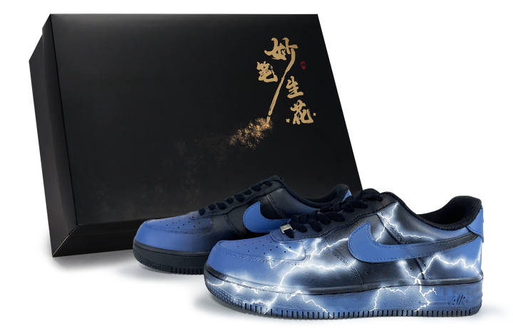 Nike Nike Air Force 1 Wondrous Brush Blossoms, Thunder Realm Abrasion Resistant Low top Skateboard Shoes Unisex Black Blue