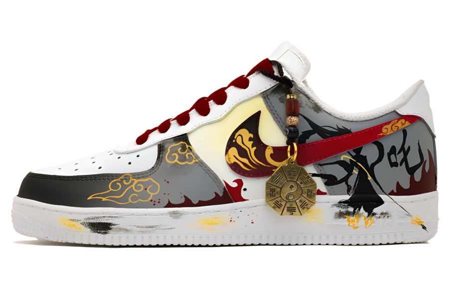 Nike Nike Air Force 1 Slip Resistant Abrasion Resistant Low top Skateboard Shoes Unisex Black Red Gold