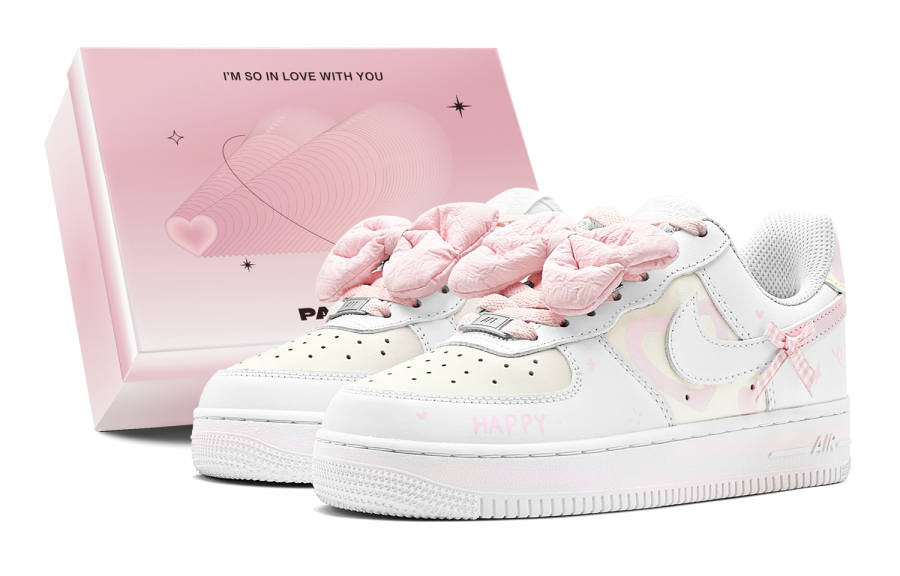 Nike Nike Air Force 1 Air Force 1, Romantic, Heart Bowknot, Sweet Girl Outfit Low top Skateboard Shoes GS Pink Yellow