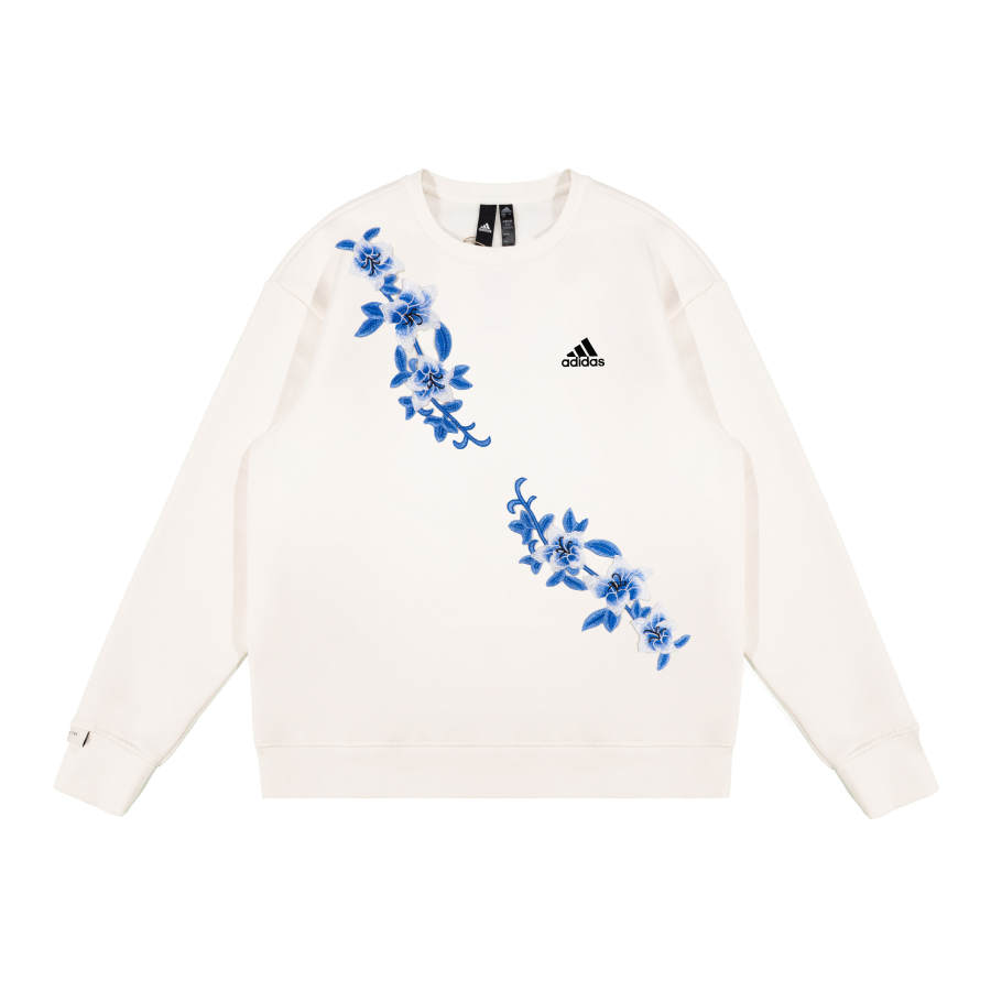 Adidas Adidas Extraordinary Elegant Blue Floral Embroidery Long Sleeve Round Neck Casual Top With Fleece Lining Sweatshirt