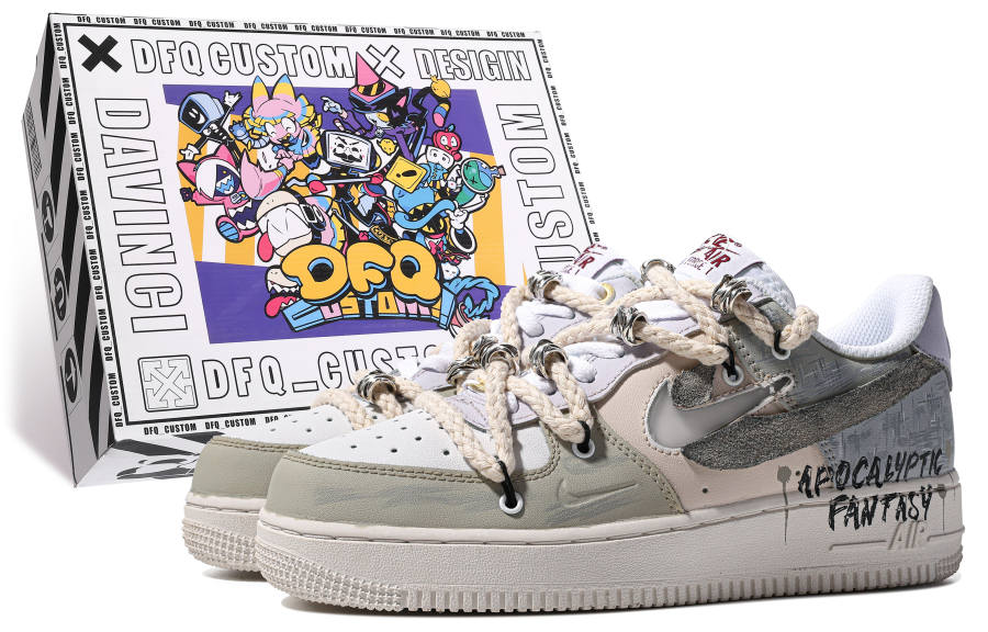 Nike Nike Air Force 1 Low ADCDAVINCI Custom, Post Apocalyptic Fantasy Low top Skateboard Shoes Men's Gray Green Purple