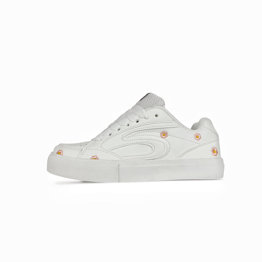 BKAE Abrasion Resistant Lightweight Height Increasing Low top Skateboard Shoes Women's All White Small Flower