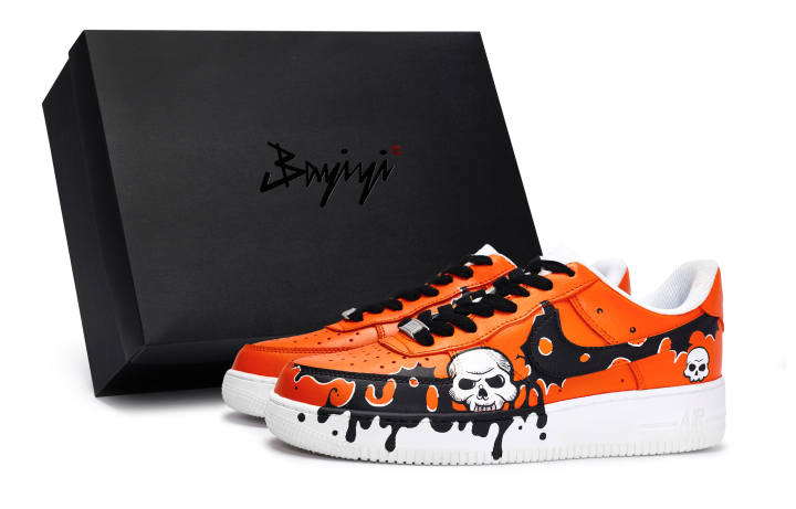 Nike Nike Air Force 1 Slip Resistant Abrasion Resistant Low top Skateboard Shoes Unisex Black White Orange
