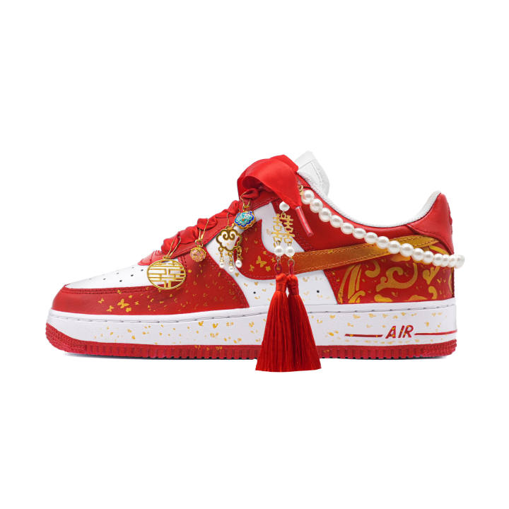 Nike Nike Air Force 1 Red Wedding Gold Step Abrasion Resistant Low top Skateboard Shoes Unisex Red