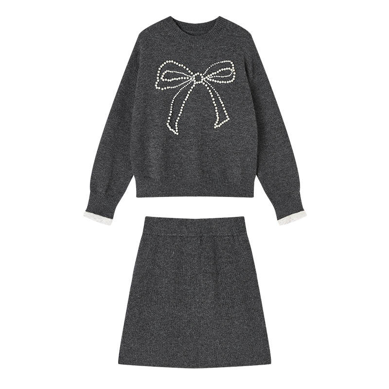XIANGYING Two Piece Skirt Sets Women's Dark Gray Crew Neck Moderate Short