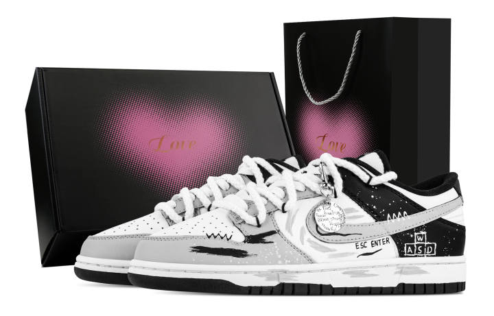 Nike Nike Dunk Electronic Trendy, Heart Box Leather Abrasion Resistant Low top Skateboard Shoes Unisex Black White Gray
