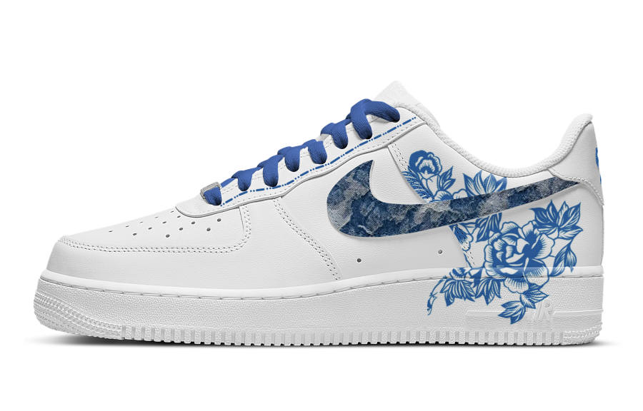 Nike Nike Air Force 1 Blue And White Ancient Charm Slip Resistant Cushioning High top Skateboard Shoes Men's White Blue
