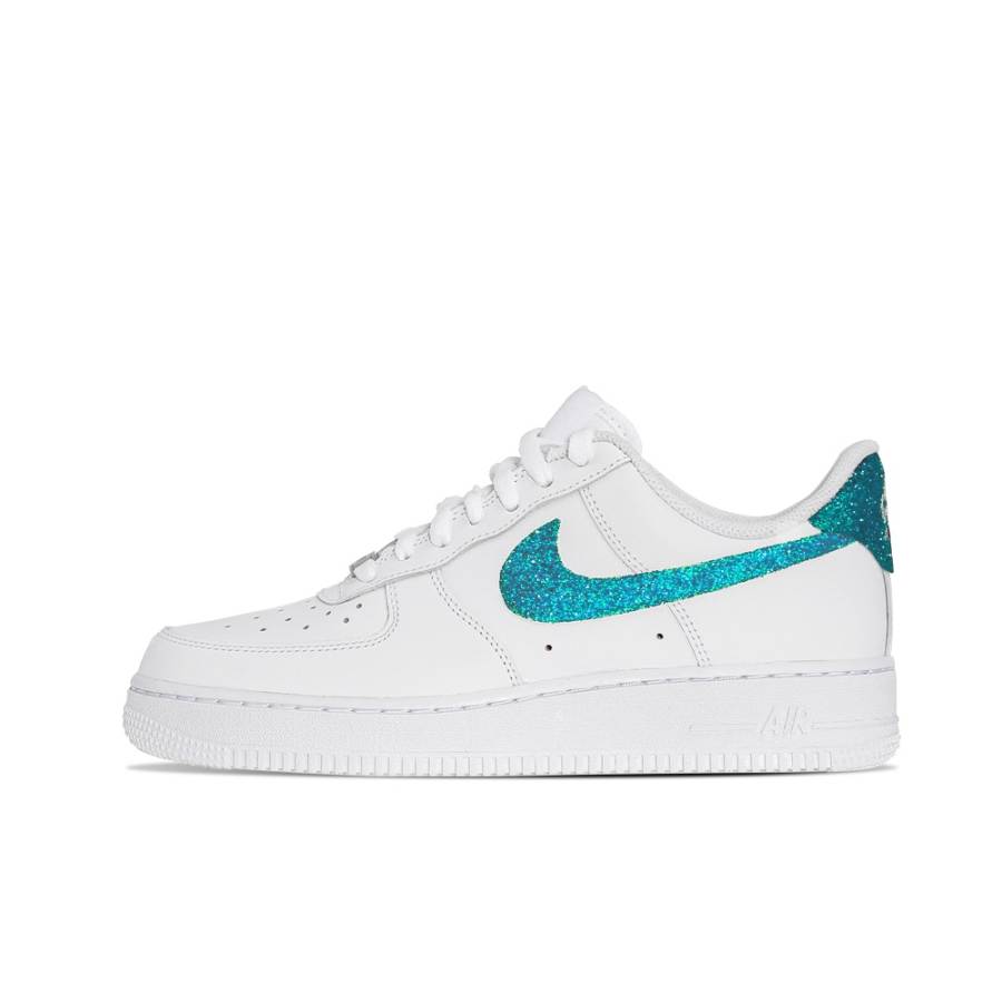 Nike Nike Air Force 1 Slip Resistant Low top Skateboard Shoes Unisex White Peacock Blue Sparkling Rhinestone
