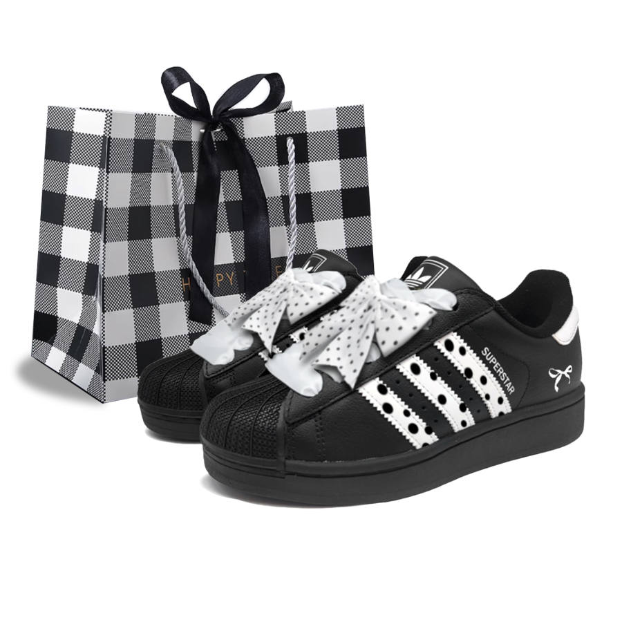Adidas Originals SUPERSTAR Polka Dot Black Pearl, Shopping Bag Abrasion Resistant Low top Skateboard Shoes Women's