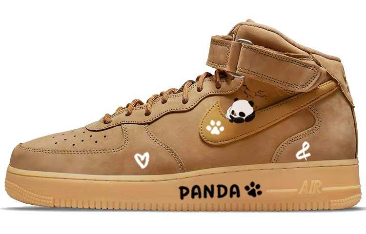 Nike Nike Air Force 1 Plum Blossom Tarepanda, Lazy Panda, Air Cushion Mid top Skateboard Shoes Unisex Wheat
