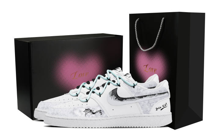 Nike Nike Court Vision 1 Pattern Pink Heart Black Box Slip Resistant Cushioning Low top Skateboard Shoes Men's White