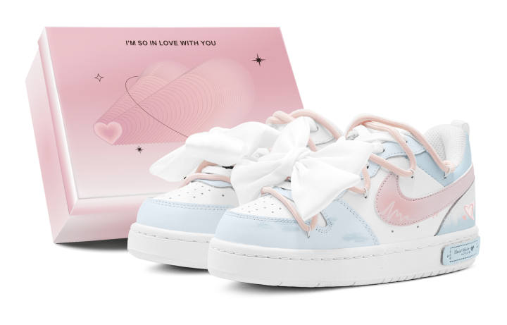 Nike Nike Court Borough Low 2 Sea Blue Pink Heart, Fresh Aesthetic, Minimalist Style, Versatile, Bowknot Charm, Detachable