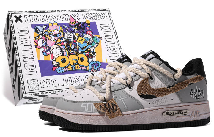 Nike Nike Air Force 1 Low ADCDAVINCI Custom, Serene Scarecrow Low top Skateboard Shoes GS Gray White