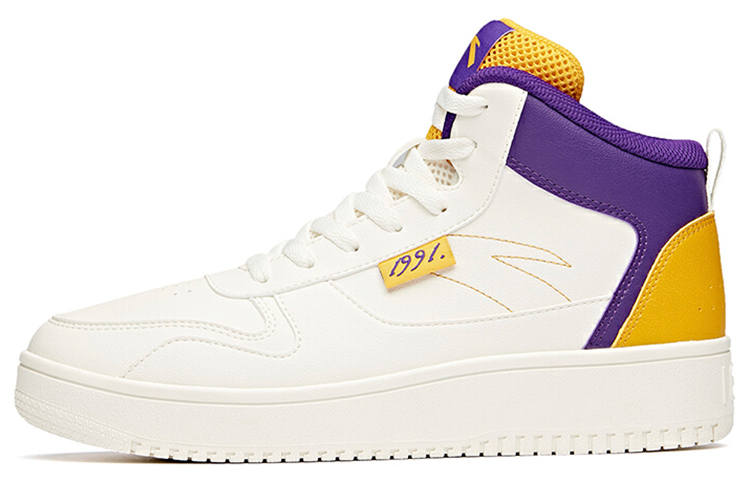 Anta Slip Resistant Abrasion Resistant High top Skateboard Shoes Men's White Purple Yellow