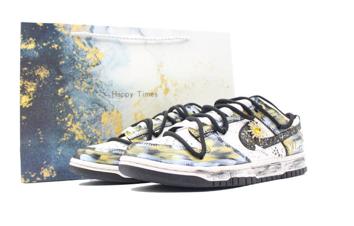 Nike Nike Dunk Gold Mining In The Waves, Box Coverage Abrasion Resistant Low top Skateboard Shoes Unisex Black White Gold
