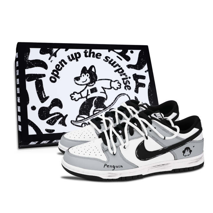 Nike Nike Dunk Black White, Penguin Abrasion Resistant Abrasion Resistant Low top Skateboard Shoes Unisex Gray White