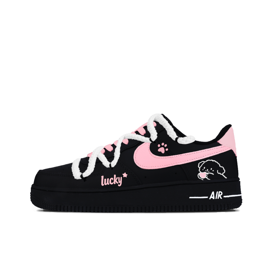 Nike Nike Air Force 1 Lucky Puppy Abrasion Resistant Low top Skateboard Shoes Women's Black Pink White