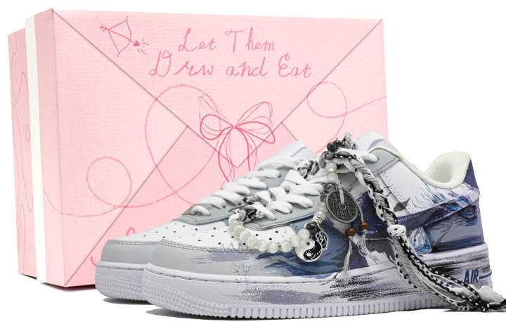 Nike Nike Air Force 1 Tai Chi Dragon, Footprints Of Innovation Abrasion Resistant Low top Skateboard Shoes Unisex Blue Gray