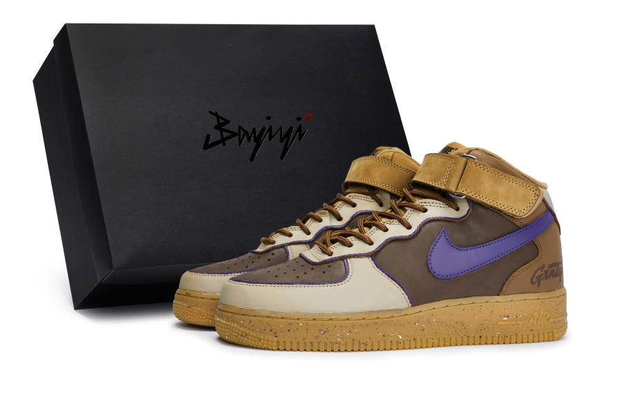Nike Nike Air Force 1 Slip Resistant Abrasion Resistant Mid top Skateboard Shoes Unisex Khaki Brown Purple