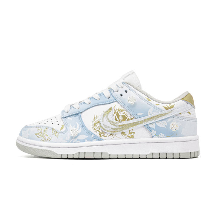 Nike Nike Dunk Fortune Love, Footprint Innovation Leather Abrasion Resistant Low top Skateboard Shoes Unisex White Blue Gold