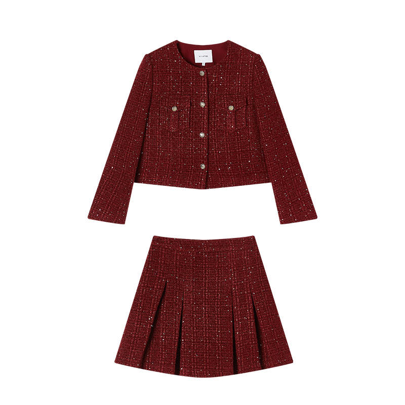 XIANGYING Two Piece Skirt Sets Women's Burgundy Crew Neck Moderate Mid Length