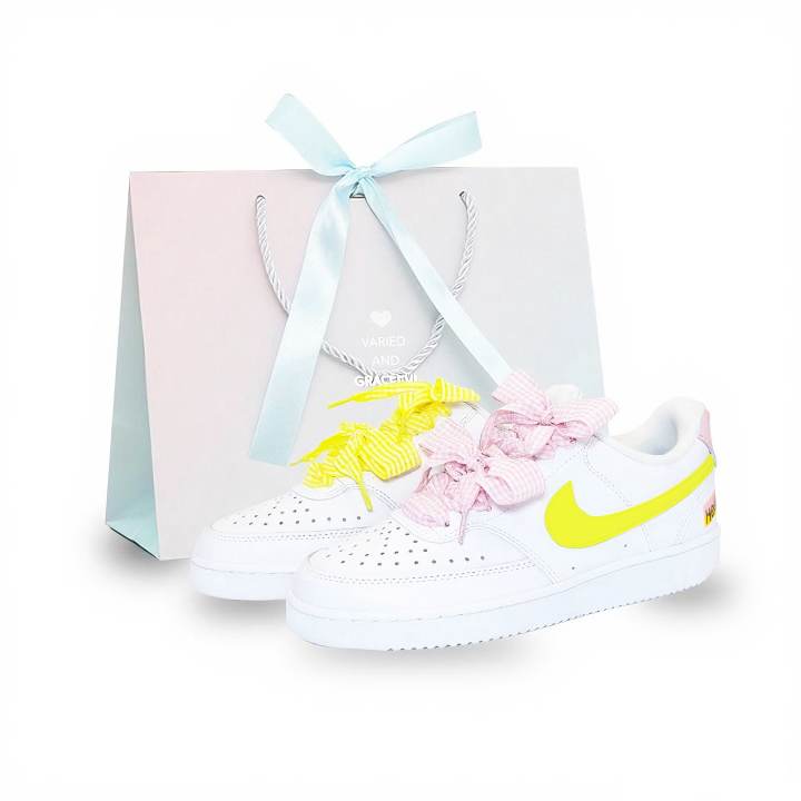 Nike Nike Court Vision 1 Fairy Storm Cloud Leather Abrasion Resistant Low top Skateboard Shoes Unisex Pink Yellow