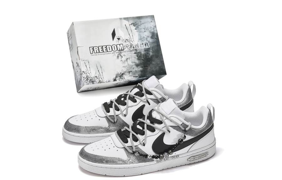 Nike Nike Court Borough Free Panda, Box, Silver Star Slip Resistant Low top Skateboard Shoes GS Black White Gray