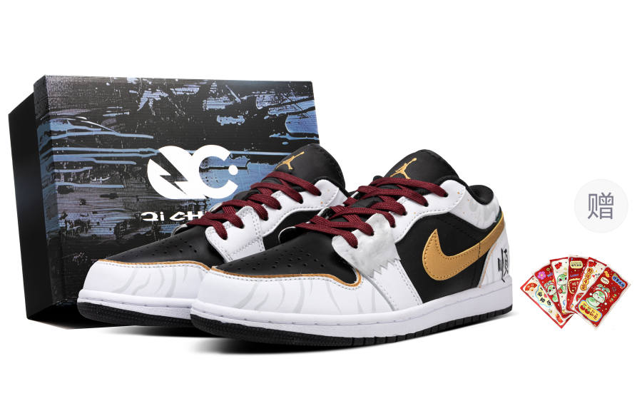 Jordan Jordan Air Jordan 1 Slip Resistant Abrasion Resistant Low top Skateboard Shoes Unisex White Black Gold