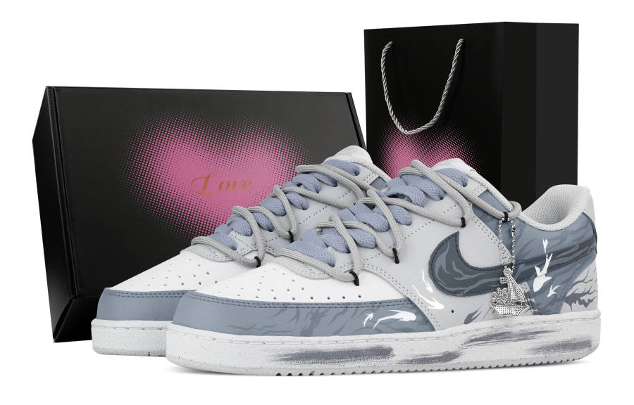 Nike Nike Court Vision Ocean Current, Heart Box Abrasion Resistant Low top Skateboard Shoes Men's White Gray Blue