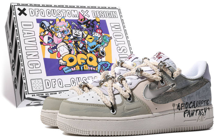 Nike Nike Air Force 1 Low ADCDAVINCI Custom, Post Apocalyptic Fantasy Low top Skateboard Shoes Women's Gray Green Purple