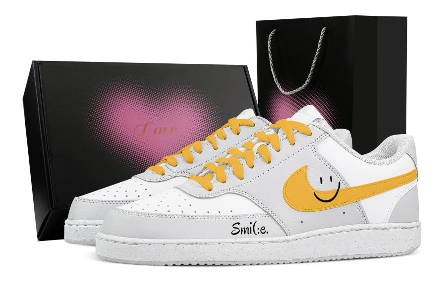 Nike Nike Court Vision Smiley Face Smiley Heart Box Abrasion Resistant Low top Skateboard Shoes Men's White Yellow