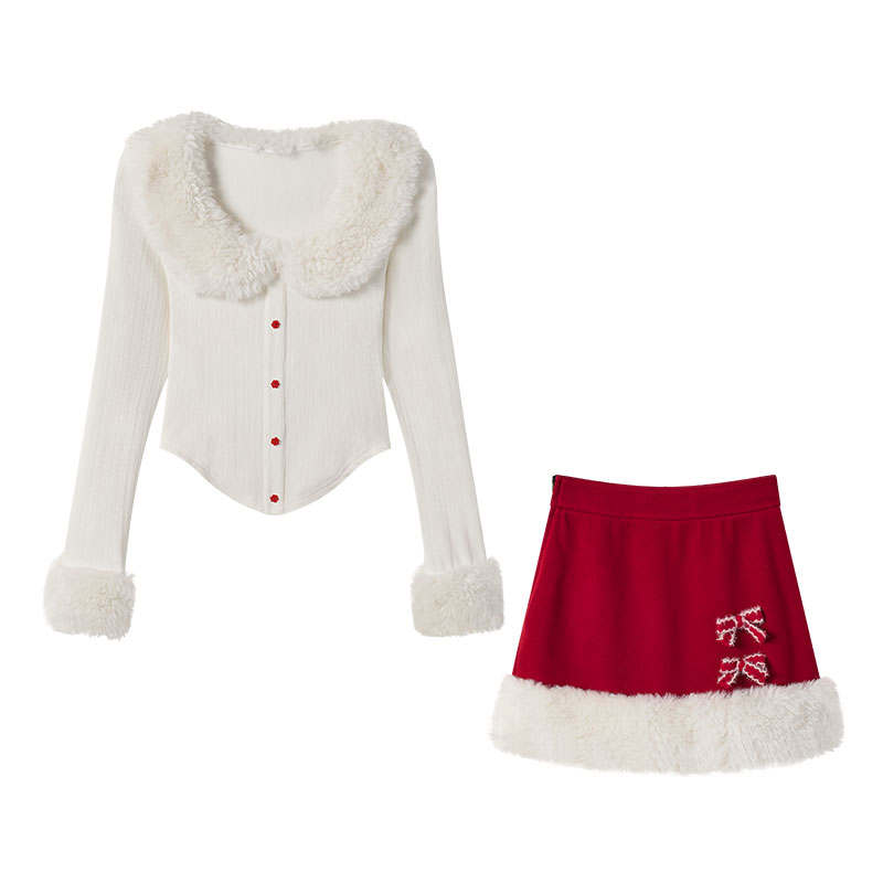 FABRIC PIG Two Piece Skirt Sets Women's Fur Collar Moderate Short
