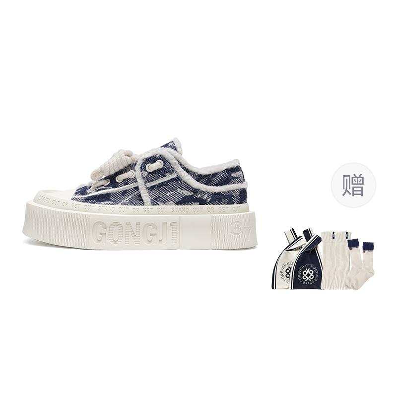 GONGJI Square Inch Denim Camouflage Fabric Low top Skateboard Shoes Unisex Master Blue