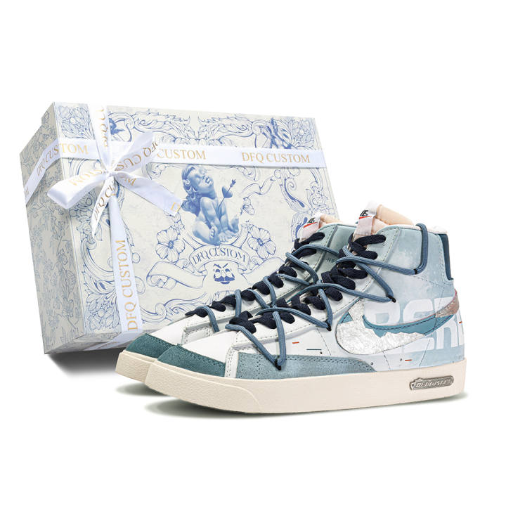Nike Nike Blazer Da Vinci Custom, Box, Words Abrasion Resistant Abrasion Resistant Mid top Skateboard Shoes Men's Blue White