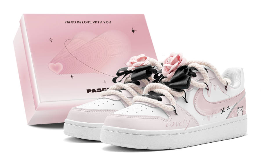 Nike Nike Court Borough Summer Travel, Romantic, Pink Camellia Kitten GS Low top Skateboard Shoes Women's Pink White