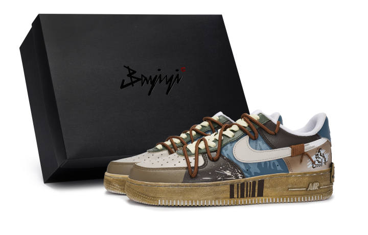 Nike Nike Air Force 1 Cow Leather Impact Resistance Low top Skateboard Shoes Men's Beige Brown Blue