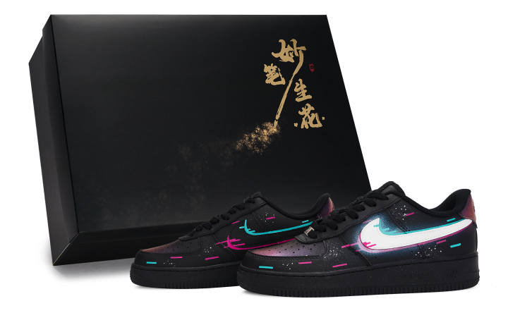 Nike Nike Air Force 1 Wondrous Brushstrokes Bloom, Neon Malfunction Low top Skateboard Shoes Unisex Black Pink Blue