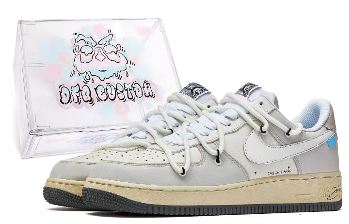 Nike Nike Air Force 1 Low Da Vinci Custom Box, Gray Cement Low top Skateboard Shoes Men's Gray White