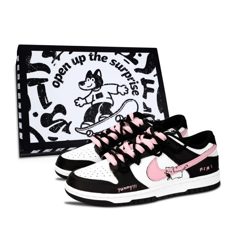 Nike Nike Dunk Black White, Pink Cat Dream Abrasion Resistant Abrasion Resistant Low top Skateboard Shoes Unisex Black Pink