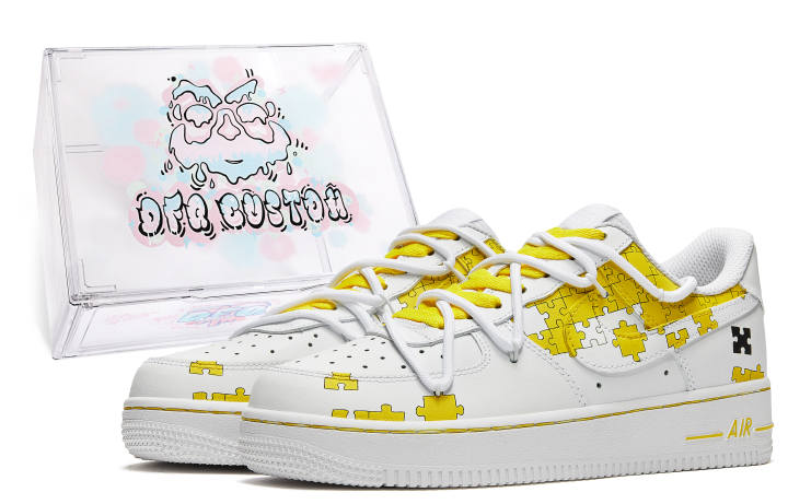 Nike Nike Air Force 1 Low Da Vinci Custom, Box, Puzzle Low top Skateboard Shoes Men's Yellow White